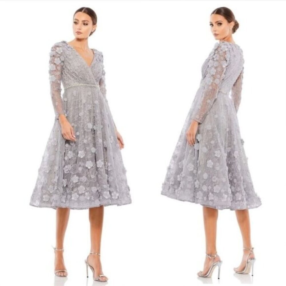 Mac Duggal Floral Sterling Silver Lace A-Line Tea Length Cocktail Dress Size 14